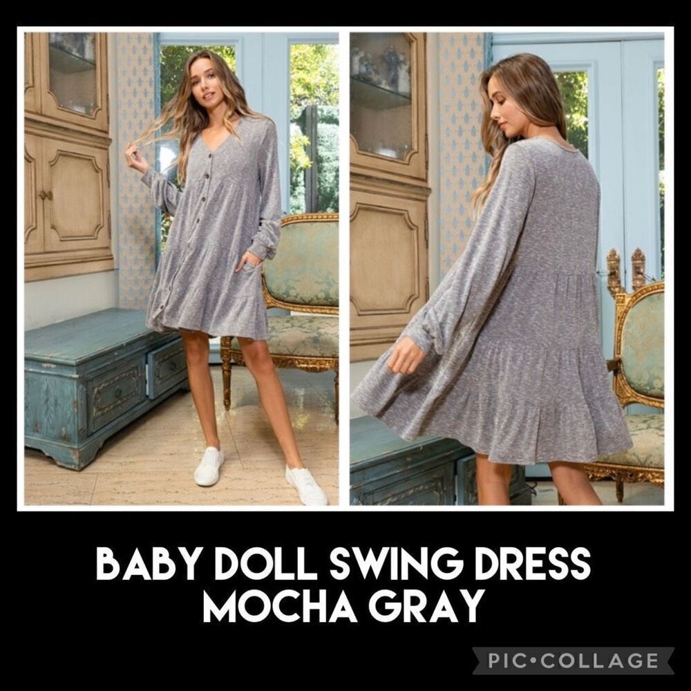 Ces Femme Baby Doll Button Down Swing Dress Mocha Gray Size Small -NWT